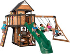 Backyard Discovery Cedar Wood Swing Set With Wave Slide, Clubhouse, Play Kitchen, Belt And Web Swings - Canyon Creek