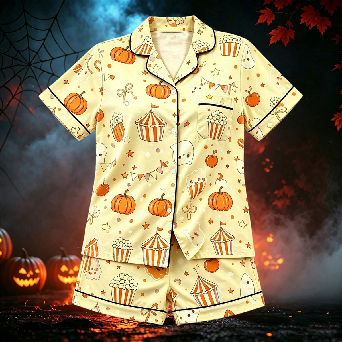 CUZIBR Girls Halloween Pajamas Sets Soft Comfortable Ghost Pumpkin Lapel Button Short Sleeve Shirt Elastic Waist Shorts 2 Pieces Sleep Loungewear Relaxed Sleepwear Outfits, Orange-C