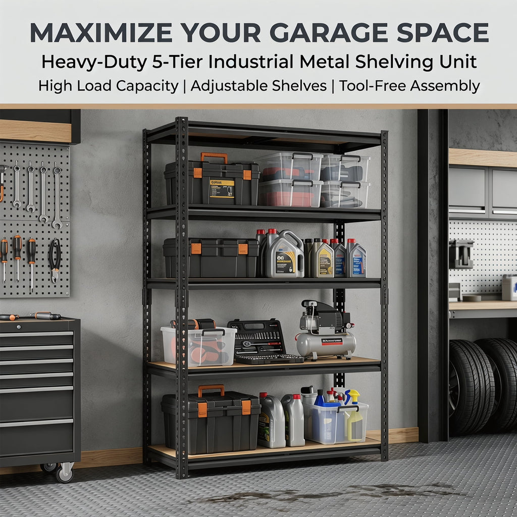 Nnovaroom Heavy Duty Garage Shelving Unit, Adjustable Metal Storage Shelves, 2400Lbs,5-Tier Boltless Shelf Rack for Basement,Pantry 60"H x 27"W x 12"D