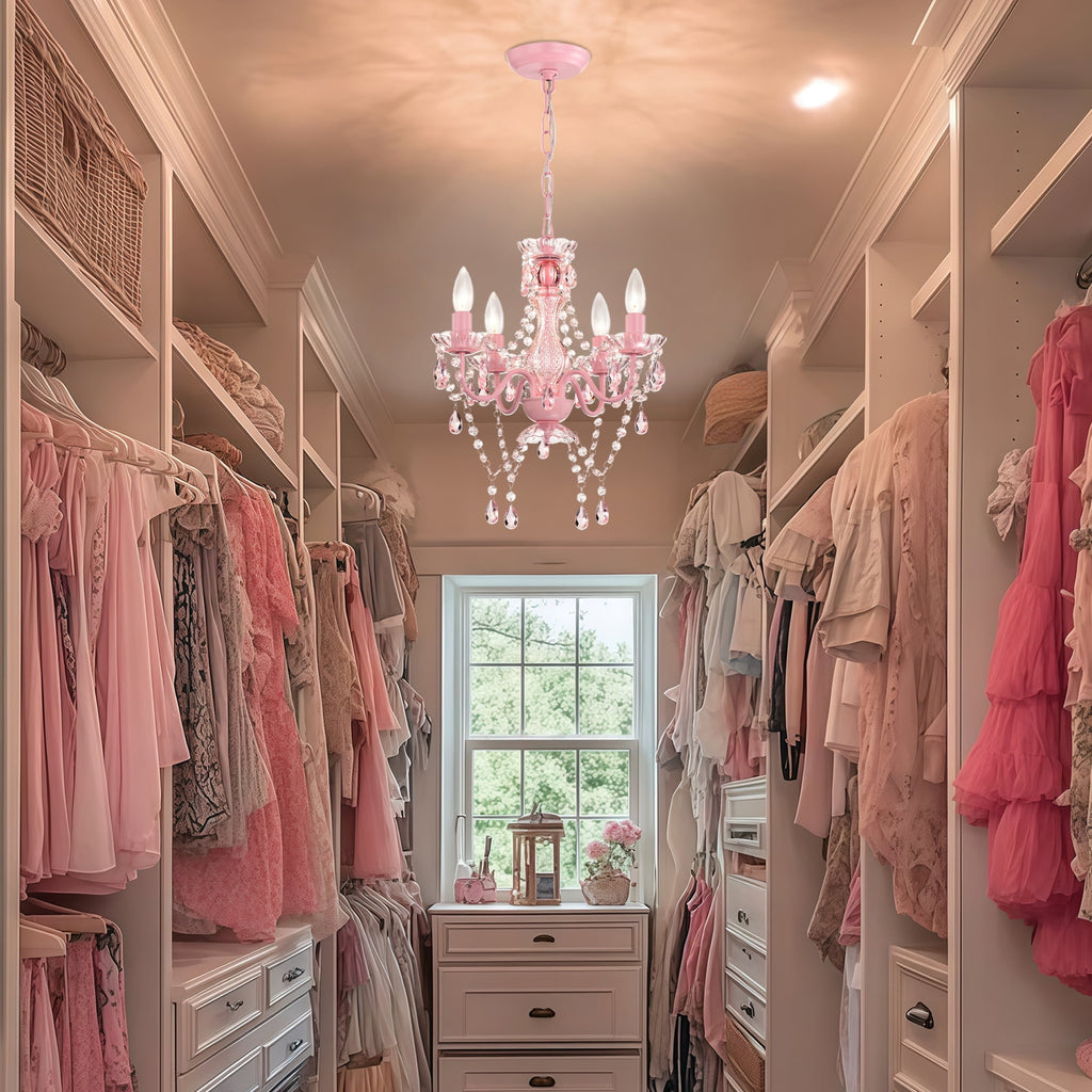 Small Pink Chandelier, 4-Light Acrylic Crystal Ceiling Lights for Girls Bedroom, Nursery, Playroom