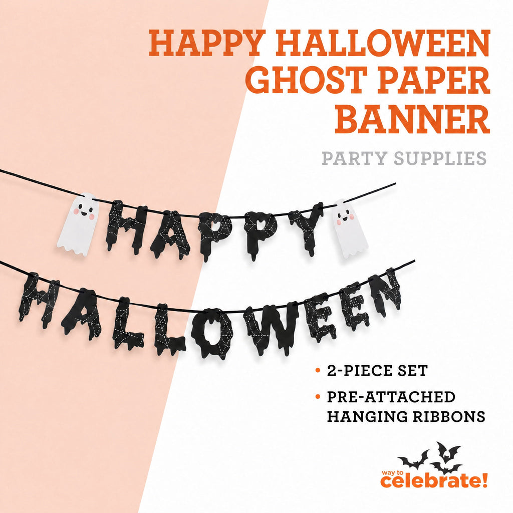 Happy Halloween Ghost Paper Banner Decoration, Black and White, 4.9', Halloween by Way To Celebrate