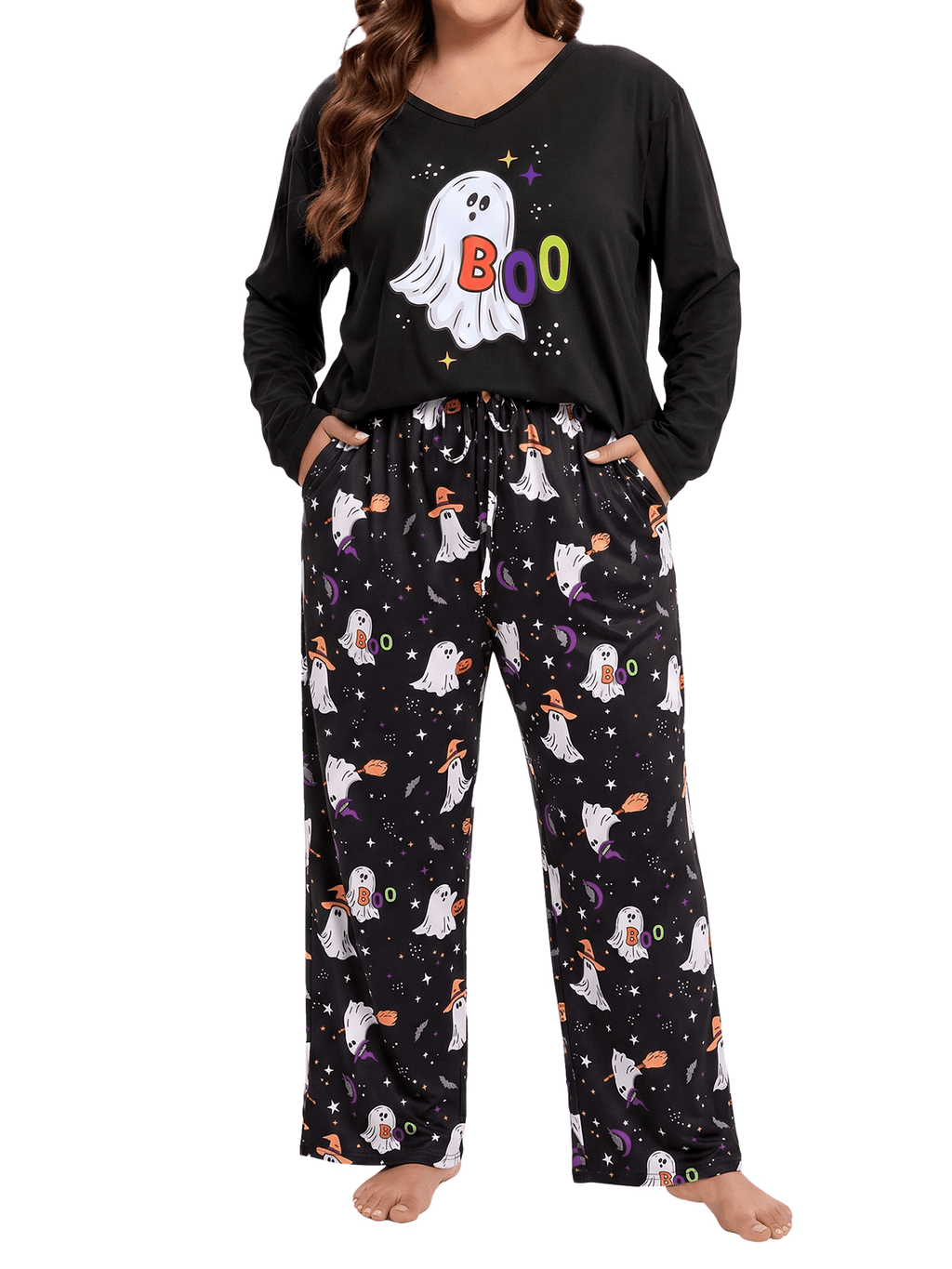 Homlouue Halloween Womens Plus Size Pajama Sets 2-Piece, Cute Ghost Print V-Neck Loungewear with Pockets, Soft Sleepwear for Holiday