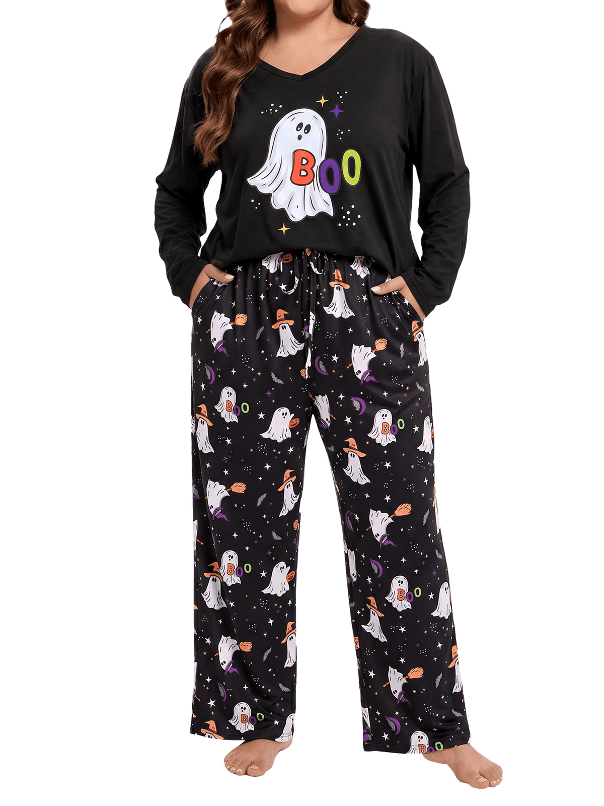 Homlouue Halloween Womens Plus Size Pajama Sets 2-Piece, Cute Ghost Print V-Neck Loungewear with Pockets, Soft Sleepwear for Holiday