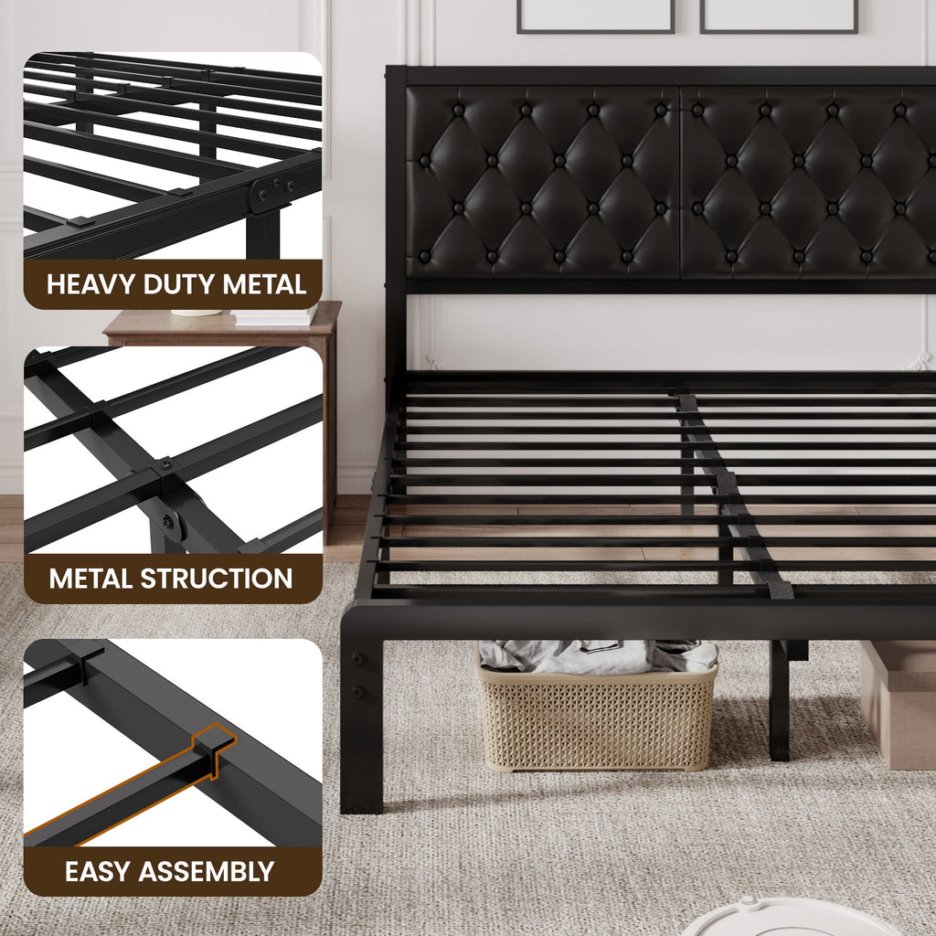Lifezone Bed Frame with Upholstered Headboard, Queen, Metal Support, No Box Spring Needed, Modern Black
