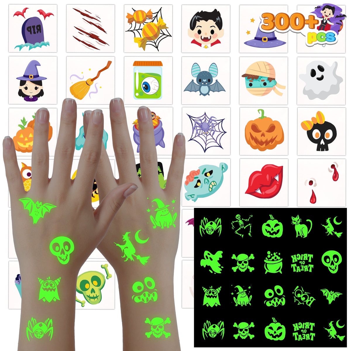 Joyfy 300+ Halloween Temporary Tattoos, Glow in The Dark Tattoos for Kids, Halloween Toys Bulk, Halloween Trick or Treat Toys, Halloween Party Favor