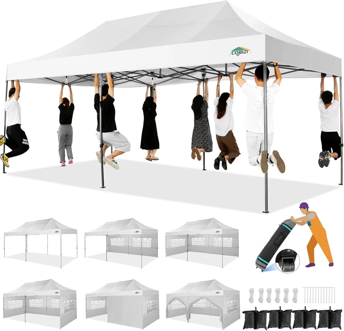 COBIZI 10x20 Heavy Duty Pop-Up Canopy Tent With 6 Sidewalls - Black