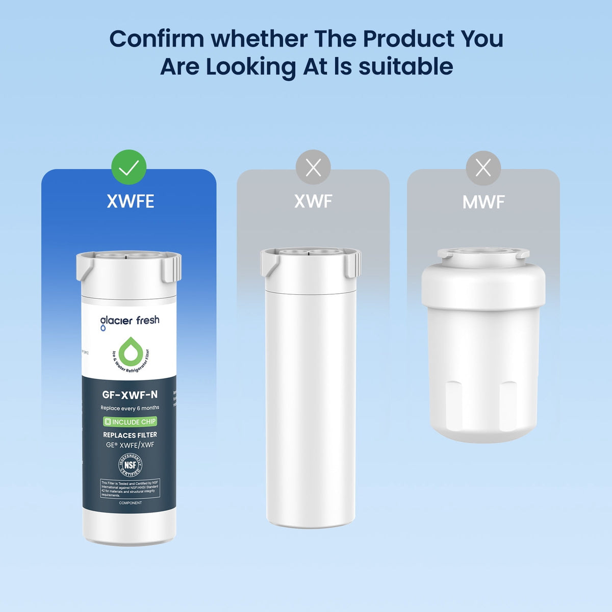 Glacier Fresh XWFE Water Filter, Replacement for GE XWFE, XWF Genuine Ge Refrigerator Compatible with GE French-door - 1 Pack(with chip)