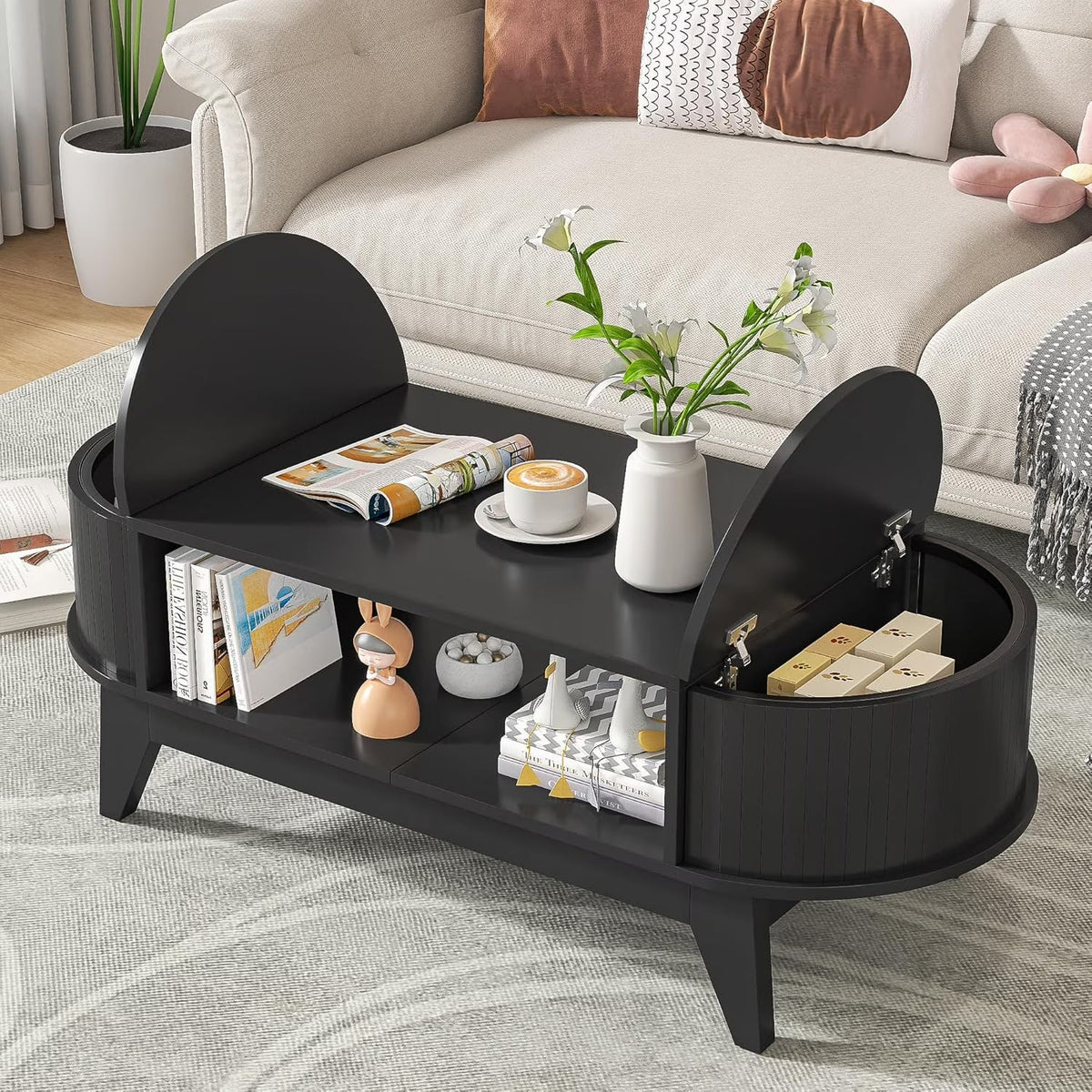 Fluted Oval Coffee Table With Storage, 46.45 x 19.68 x 15.94 in