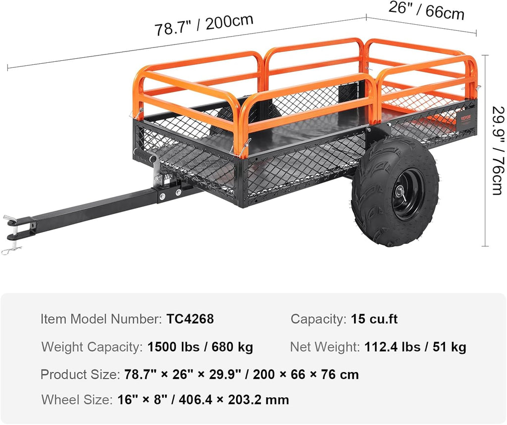 VEVOR ATV UTV Tow-Behind Dump Cart 1500 lb 15 cu ft