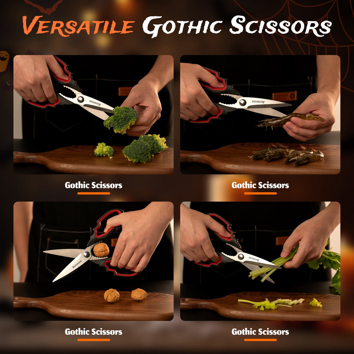 Astercook Halloween Kitchen Scissors, Gothic Skull Heavy Duty Shears for Cooking, Poultry, Herbs – Spooky Pumpkin Design, Dishwasher Safe