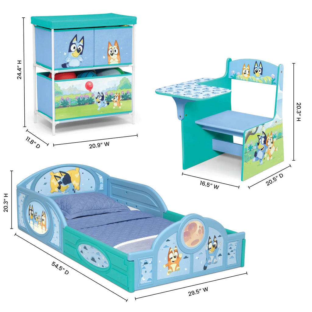 Delta Children Bluey 3-Piece Toddler Bedroom Set With Bed, Chair Desk And Toy Organizer - Blue