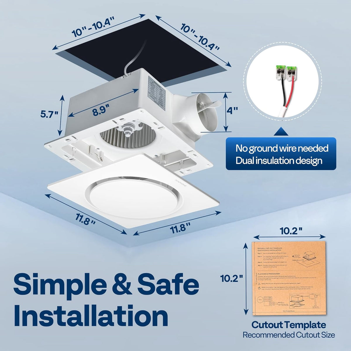 SPECSTAR AutoFlow Bathroom Exhaust Fan with Humidity Sensor 110CFM - Energy-Saving EC Motor,10.2-inch Ceiling Retrofit Bath Fan, No Attic Access
