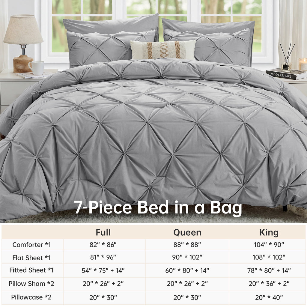 Sasttie Queen Size Comforter Set, 7-Piece Bed in a Bag, Pintuck Bedding Sets for All Season, Light Grey