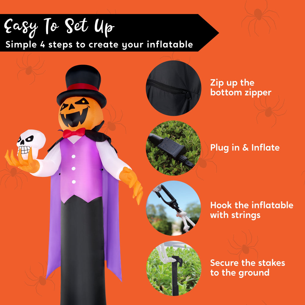 Joyfy 12 ft Giant Halloween Inflatable Pumpkin Ghost Vampire with Skull Decoration with Built-in LEDs, Ghost Halloween Decorations Outdoor Blow Up Yard Lawn Decoration