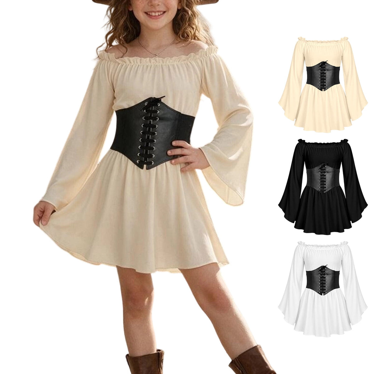 Kids Off the Shoulder Pirate Dresses with Sash Two Piece Set Pirate Costume Halloween Cosplay Halloween Costume Kids Size 4-14 Years