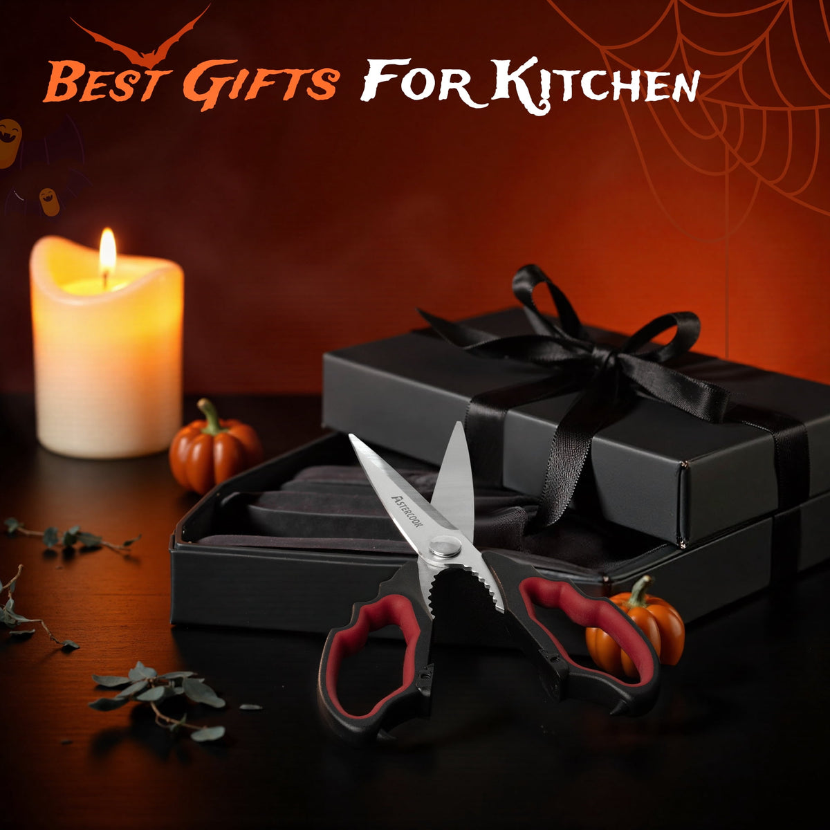 Astercook Halloween Kitchen Scissors, Gothic Skull Heavy Duty Shears for Cooking, Poultry, Herbs – Spooky Pumpkin Design, Dishwasher Safe