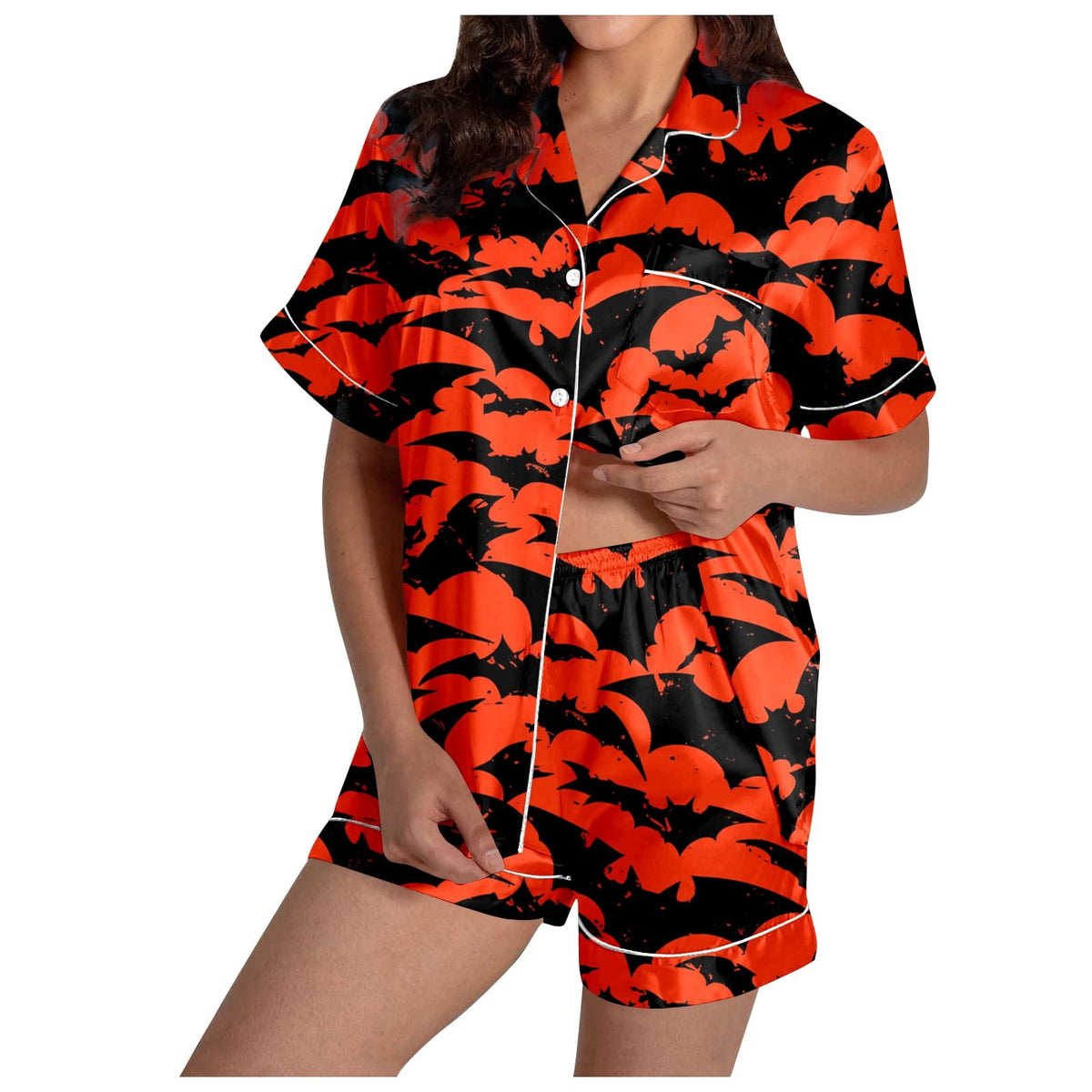 MEZZALL Women Halloween Printed Pajama With Lapel Collar Short Sleeve Tops And Shorts For Home Wear Cozy For Lightweight And Breathable Comfort Relaxed Fit 2 Piece Pjs