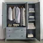 Solid Pine Wood Armoire, 3 Doors, 2 Drawers, 5 Shelves, 73.75 in H x 59.5 in W x 21.5 in D