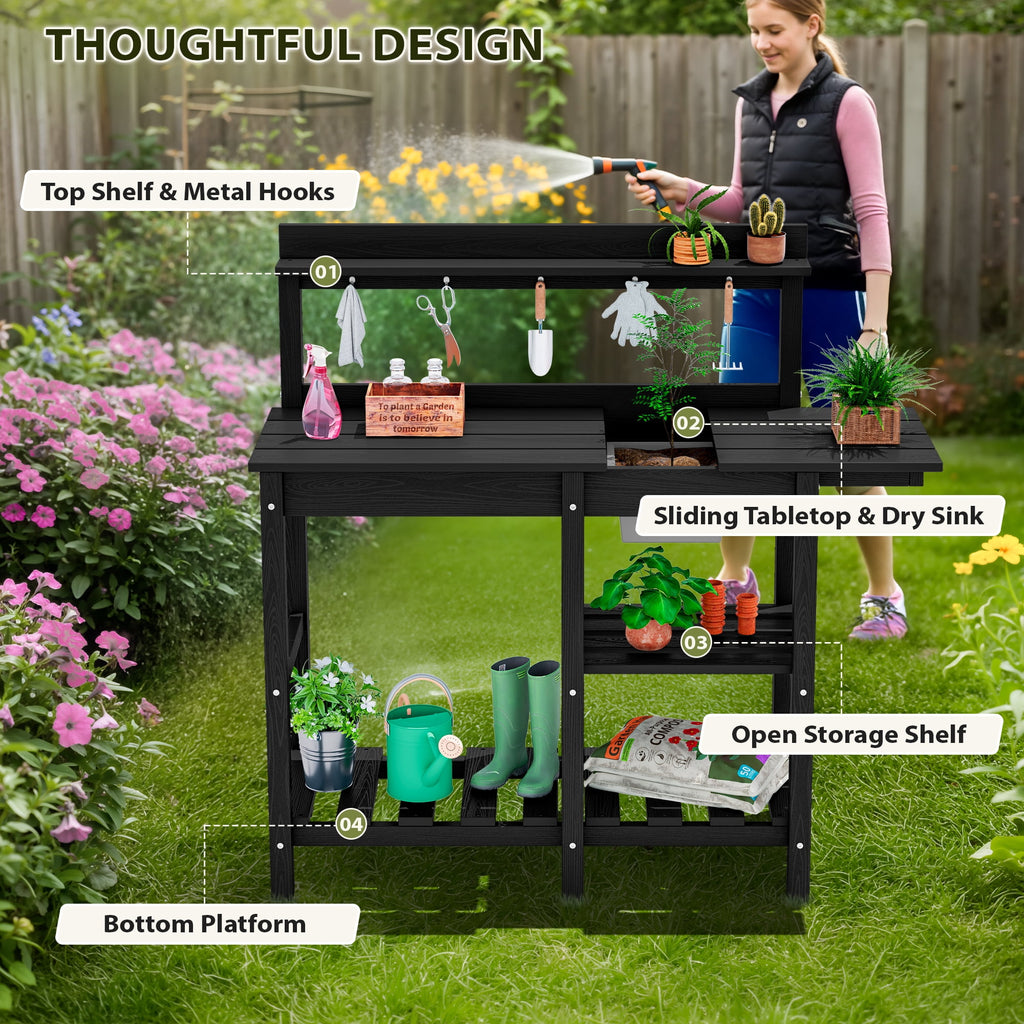 SERWALL Potting Bench Outdoor Potting Table with Sink, HDPE Material All Weather Use- Black