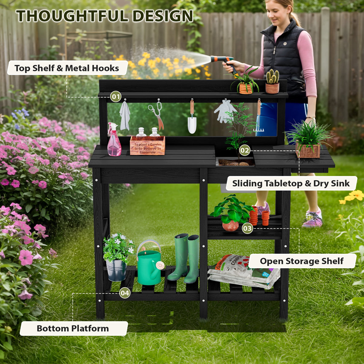 SERWALL Potting Bench Outdoor Potting Table with Sink, HDPE Material All Weather Use- Black