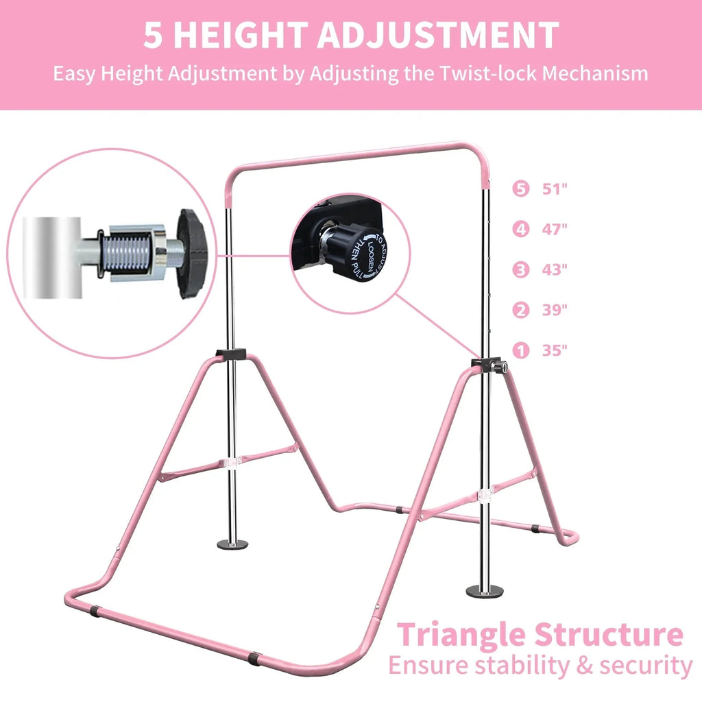 Expandable Gymnastics Bar For Kids, Folding, Height Adjustable 35-51 in, Pink