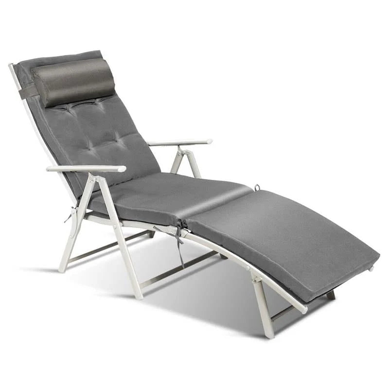 7 Position Folding Outdoor Chaise Lounge Chair With Cushion And Pillow