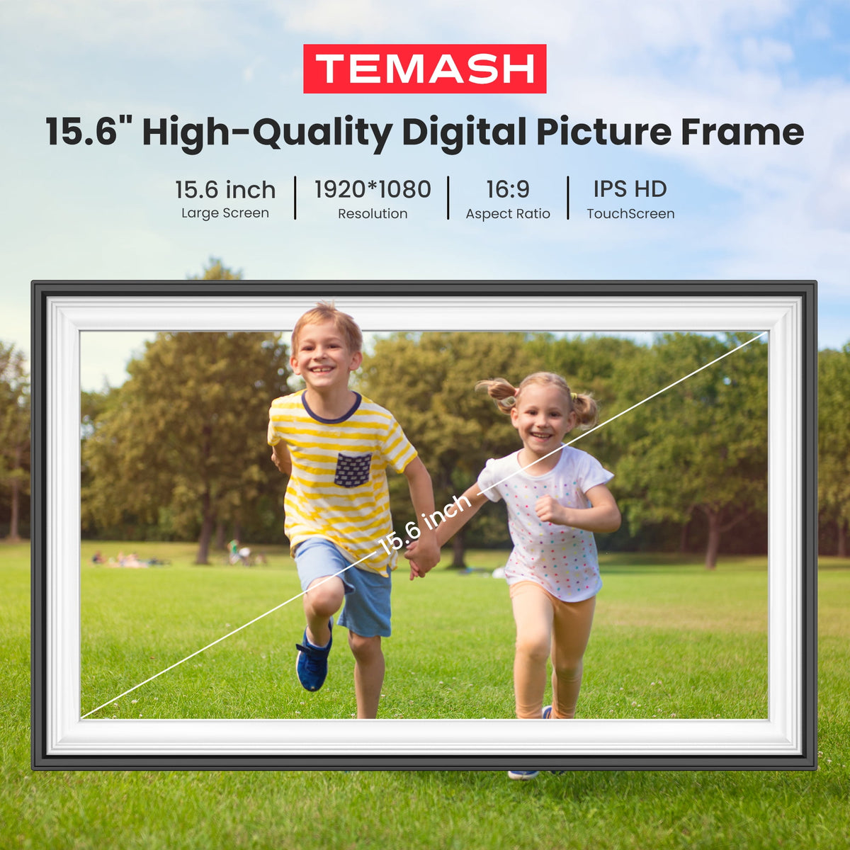 64GB Frameo Digital Picture Frame, TEMASH 15.6 Inch Large Digital Photo Frame WiFi, 1920*1080 FHD IPS Touchscreen Auto Rotate, Easy to Share Photos
