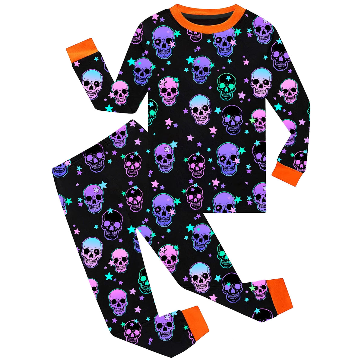 Rimyaw Kids Halloween Pajamas Set, Glow in the Dark Skeleton Sleepwear, 2-Piece cottom Long Sleeve PJs for Boys and Girls, Black
