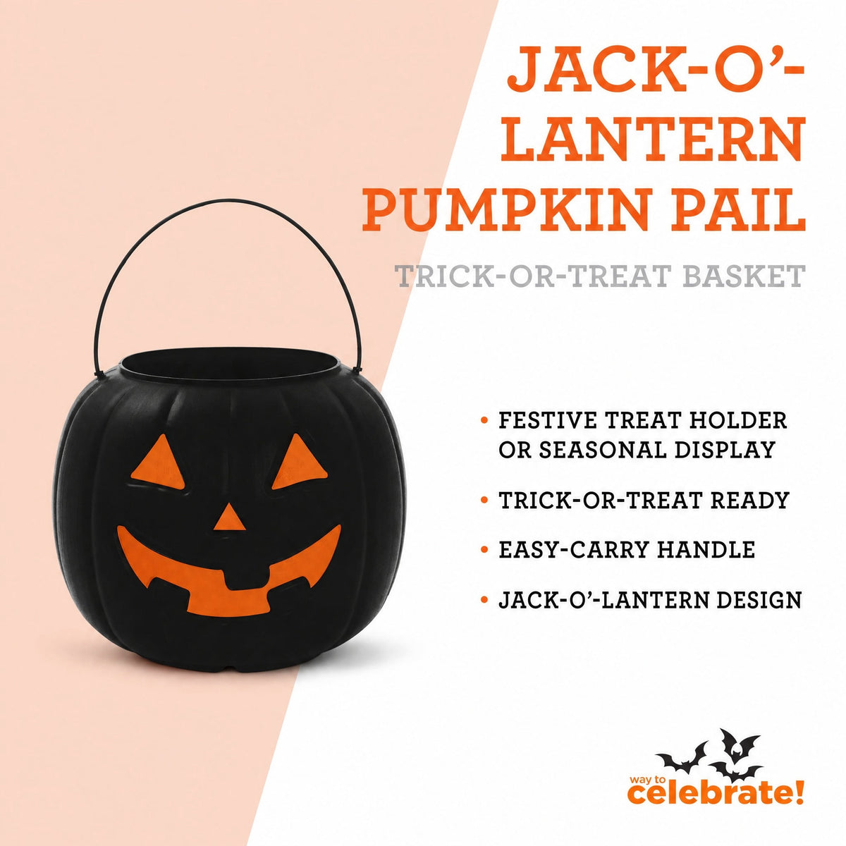 Jack-o'-Lantern Trick-or-Treat Pail, Black, 8", Halloween by Way To Celebrate
