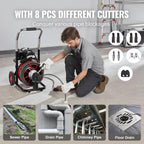 VEVOR Drain Cleaner Machine 100FT x 1/2 Inch, 550W, 8 Cutters, Red + Black