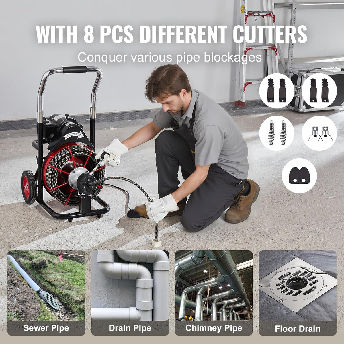 VEVOR Drain Cleaner Machine 100FT x 1/2 Inch, 550W, 8 Cutters, Red + Black