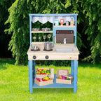 Brinjoy Kids Mud Kitchen Playset, Double-Sided Wooden, Blue, 22.5 x 21.5 x 33.5 in