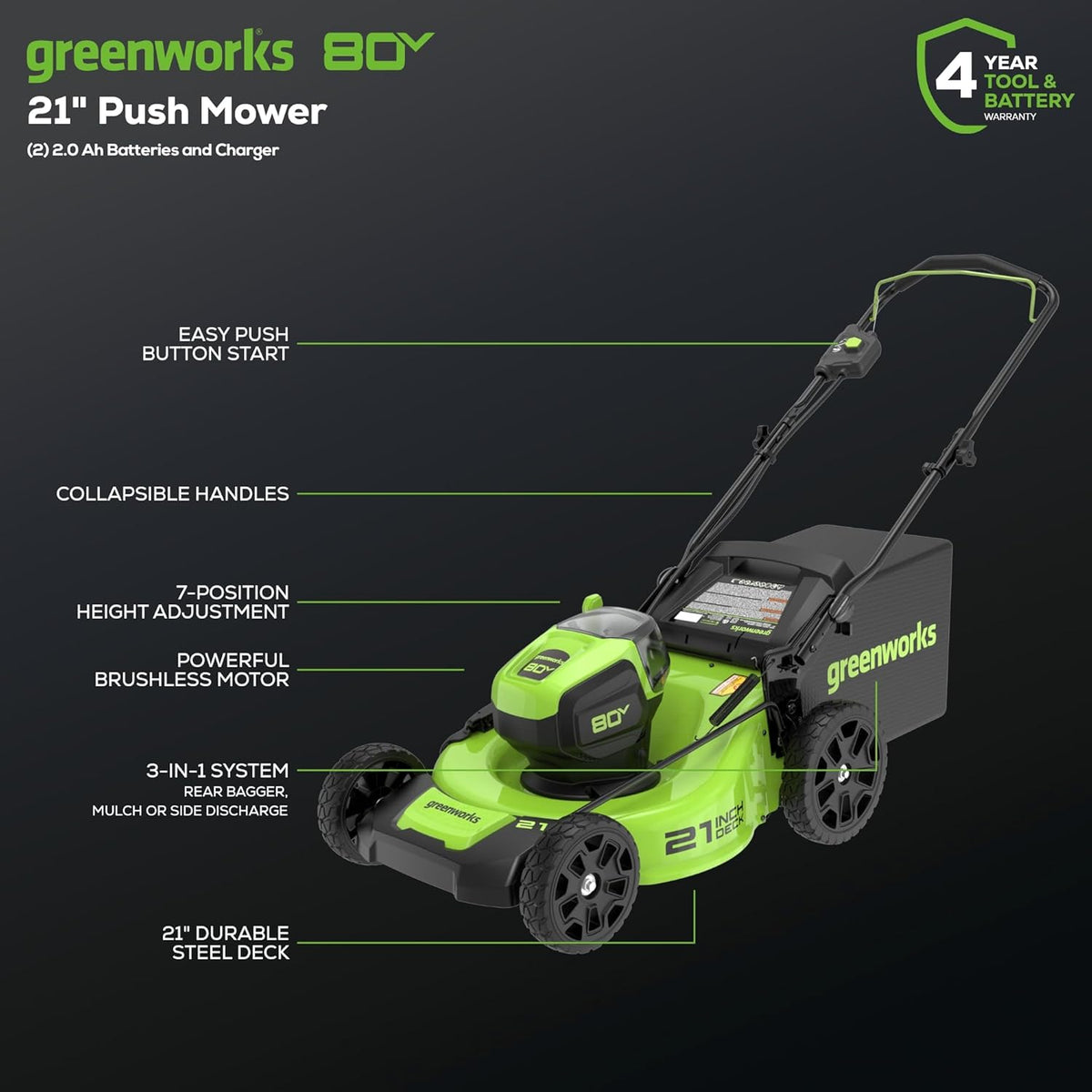 Greenworks 80V 21in Brushless Push Lawn Mower, 500 CFM Blower And 13in String Trimmer - 2 x 2.0Ah Batteries
