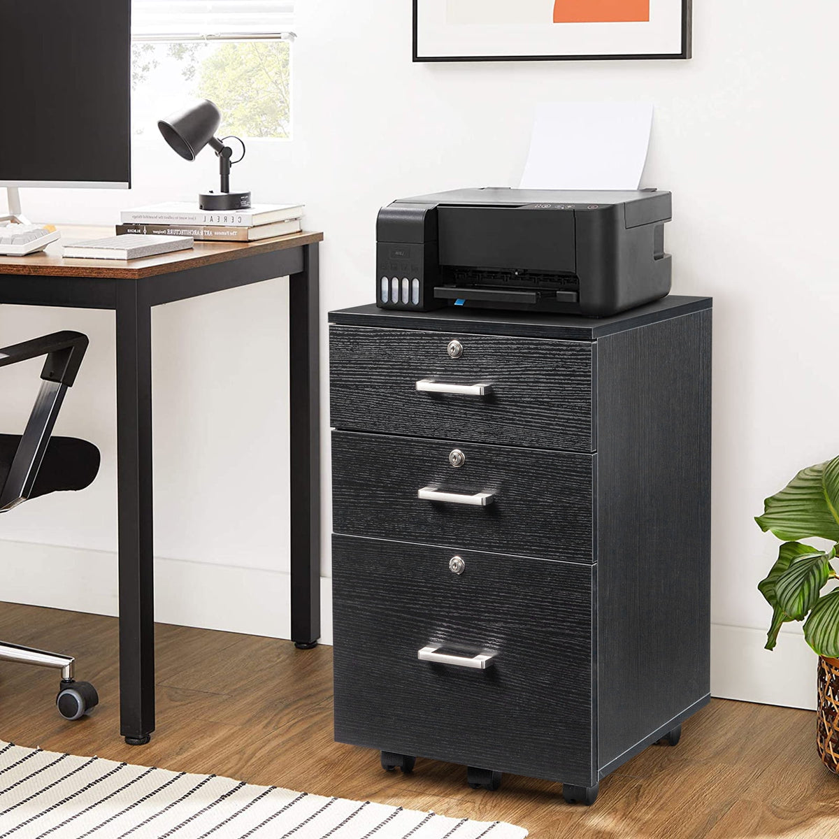 Ktaxon 3-Drawer Rolling Wood File Cabinet with Lock, Portable Vertical Mobile Wooden Storage Filing Cabinet for Home Office,Black