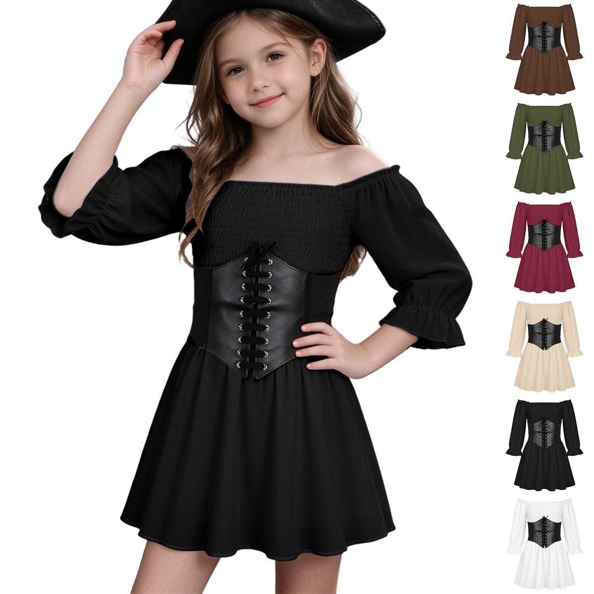 Kids Off the Shoulder Pirate Dresses with Sash Two Piece Set Pirate Costume Halloween Cosplay Halloween Costume Kids Size 4-14 Years