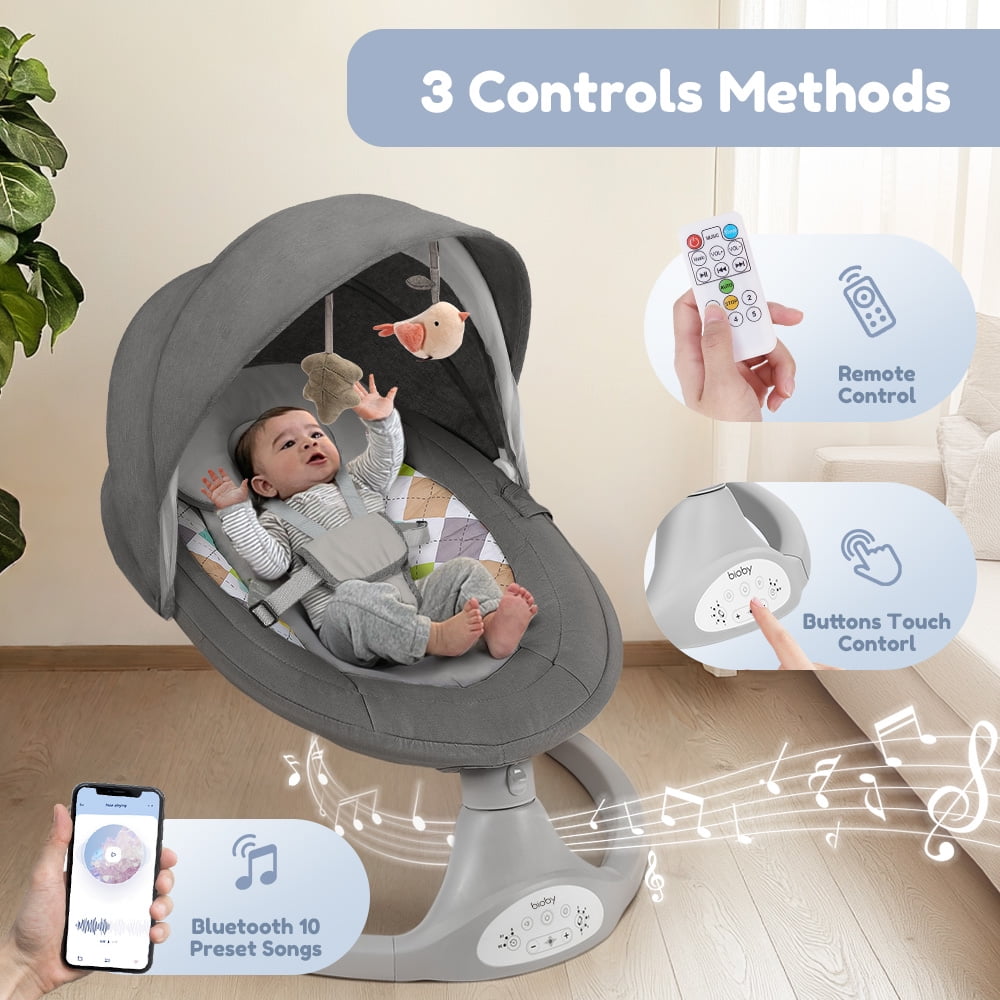 Electric Baby Swing, Caveen Infant Swing Rocker with Remote Control, 5 Sway Speeds, Bluetooth Music, Grey