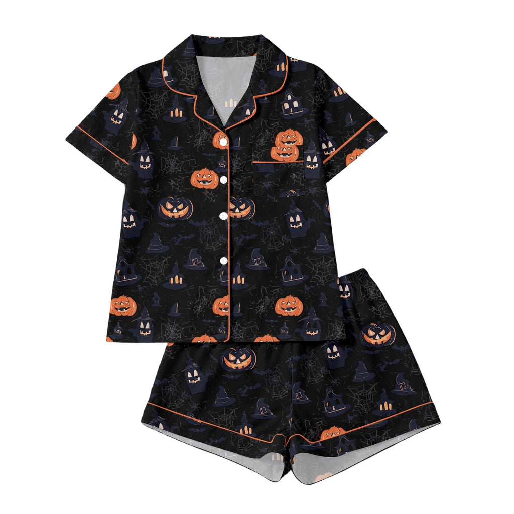 CUZIBR Girls Halloween Pajamas Sets Soft Comfortable Ghost Pumpkin Lapel Button Short Sleeve Shirt Elastic Waist Shorts 2 Pieces Sleep Loungewear Relaxed Sleepwear Outfits, Orange-C