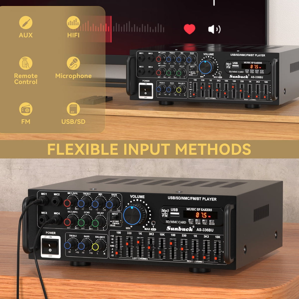 Sunbuck 2000W Bluetooth 5.0 HiFi Stereo Receiver, Karaoke Power Amplifier with FM USB SD AUX Remote, Home Theater Audio System for Speakers