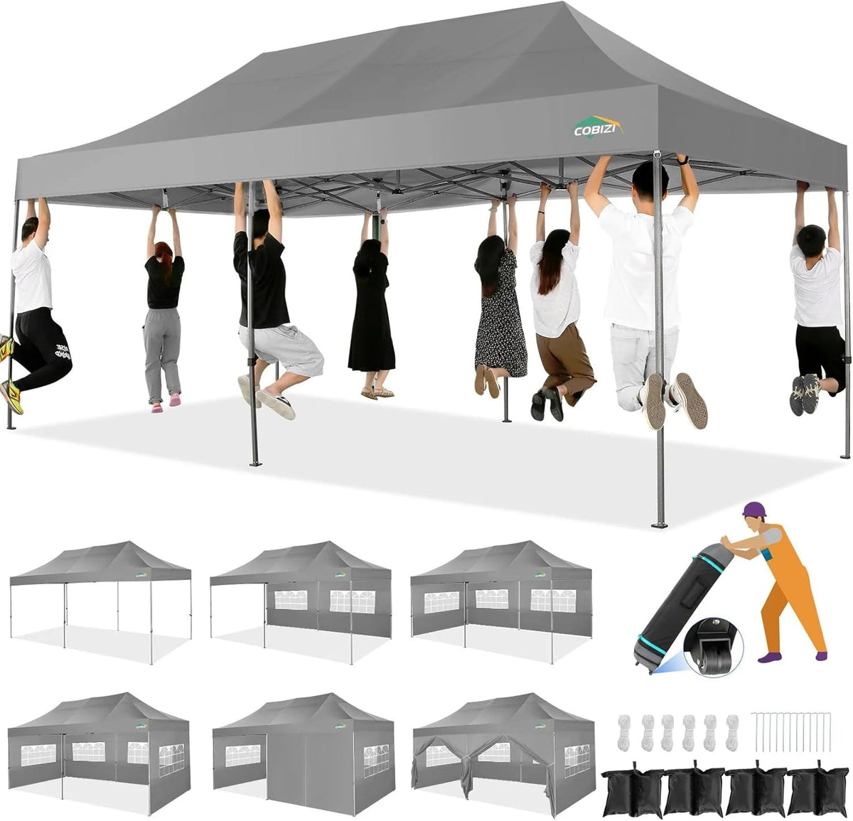 COBIZI 10x20 Heavy Duty Pop-Up Canopy Tent With 6 Sidewalls - Black
