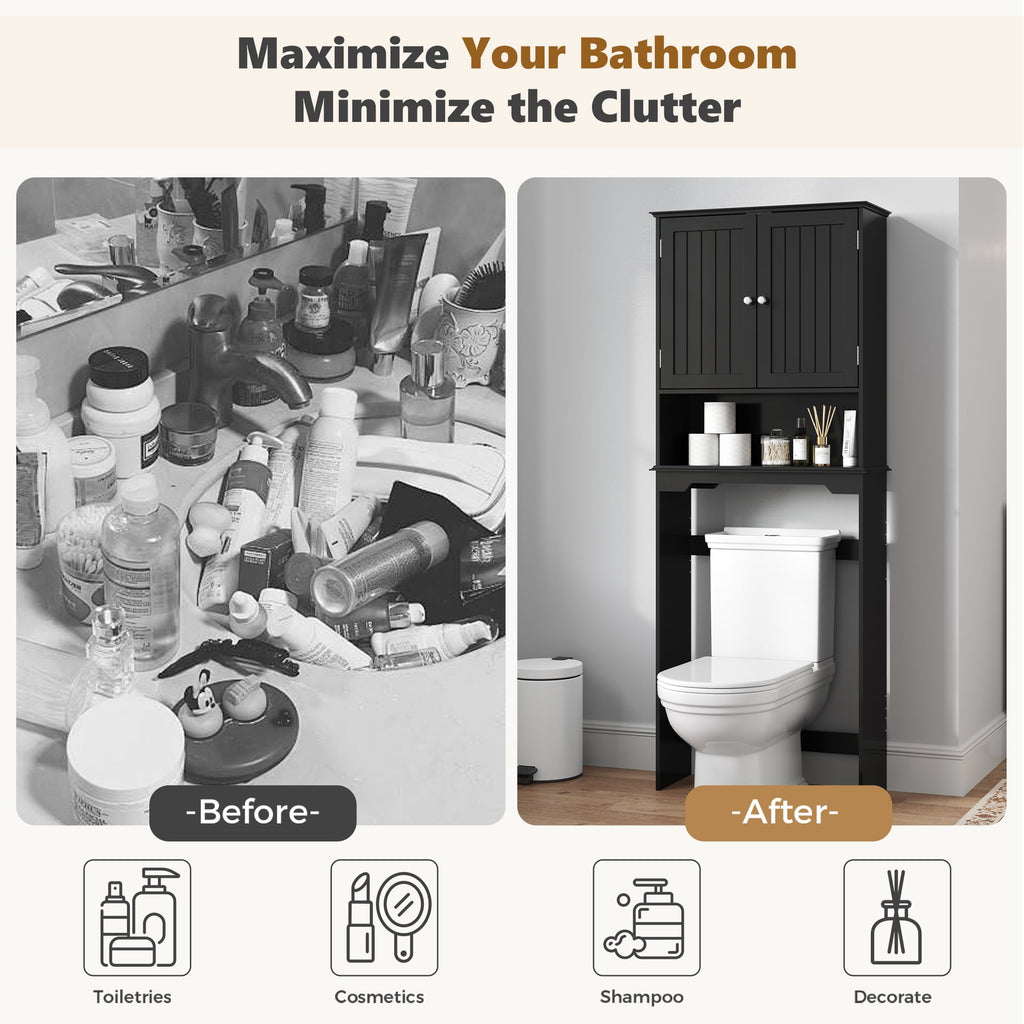 CONCETTA Black Over The Toilet Cabinet for Bathroom, Space Saver Storage with Quiet Magnetic Doors & Adjustable Bottom Stabilizer
