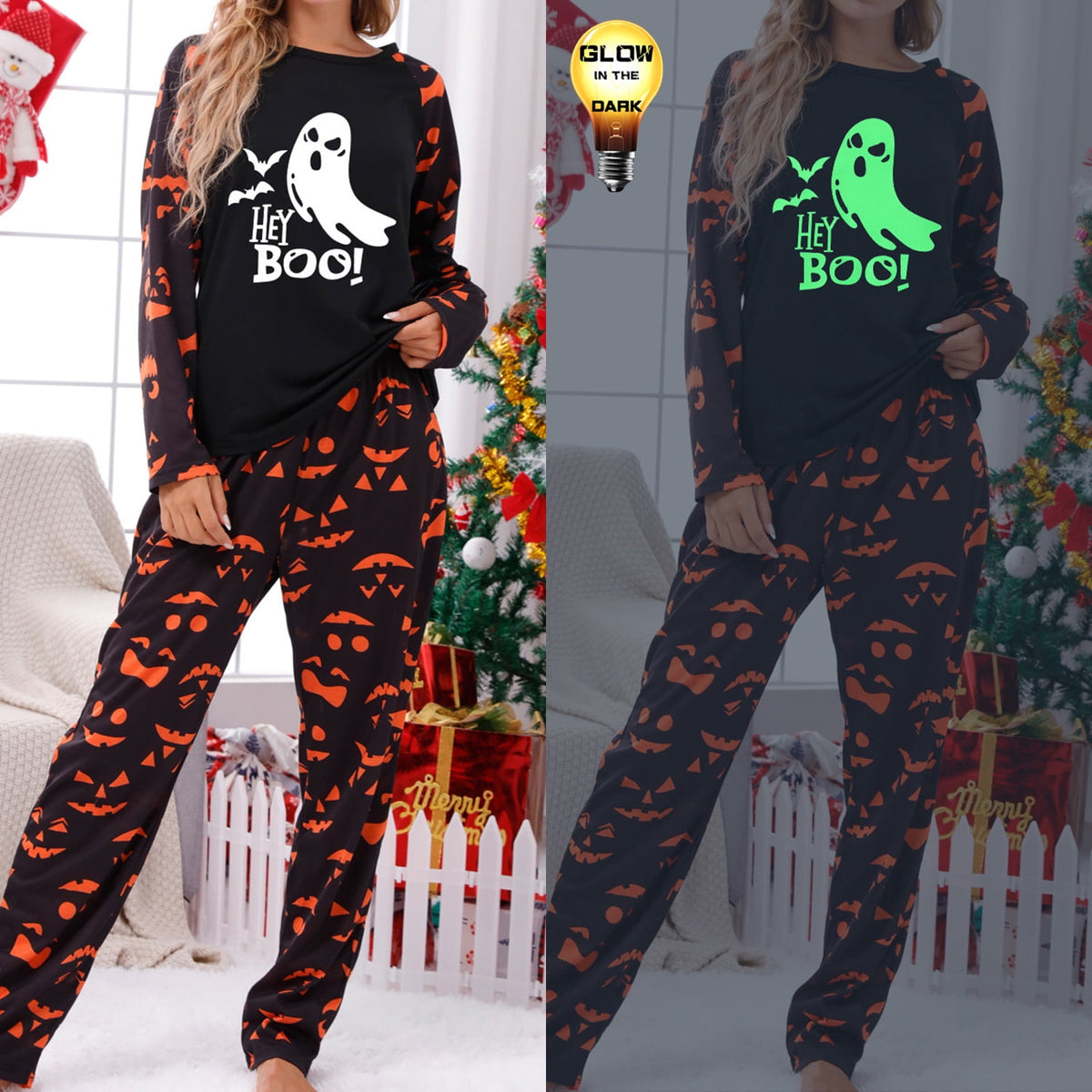DAKIMOE Halloween Pajamas Family Matching Glow In The Dark Halloween Print Long Sleeve PJs Set Outfits 2 Pieces Cotton Loungewear Sleepwear for Adult Men Women Kids Toddler, Mom-M