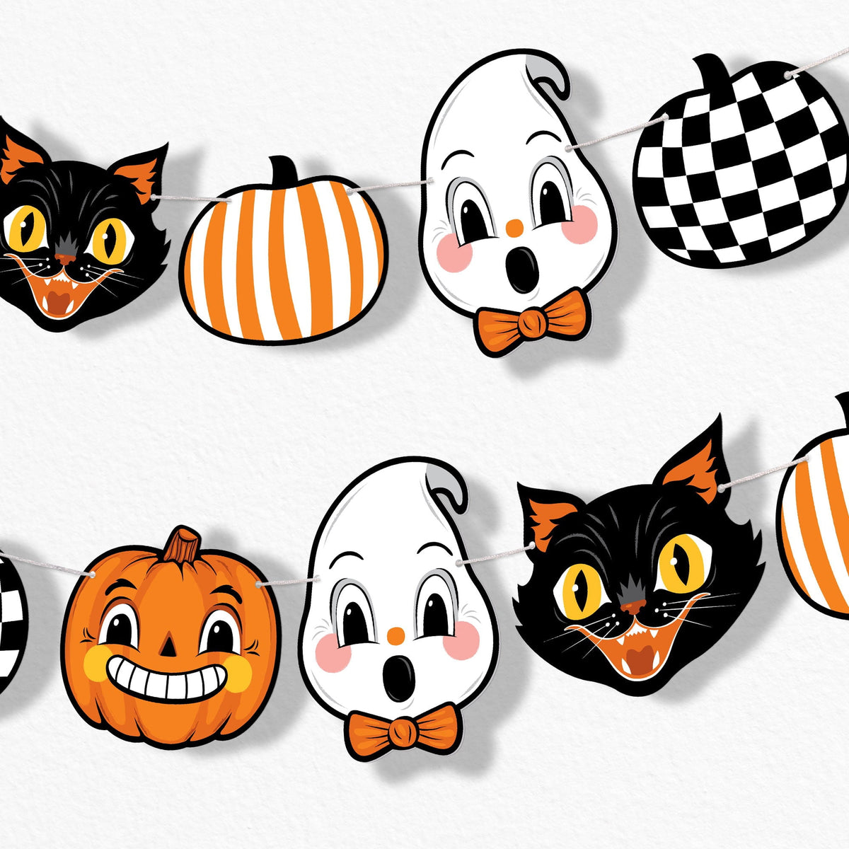 Big Dot of Happiness Vintage Halloween Garland Banner, Retro Kids Halloween or Birthday Party Decorations Backdrop, 30 Feet of Cord, 15 Paper Assorted Black Cat, Pumpkin, and Ghost Shapes