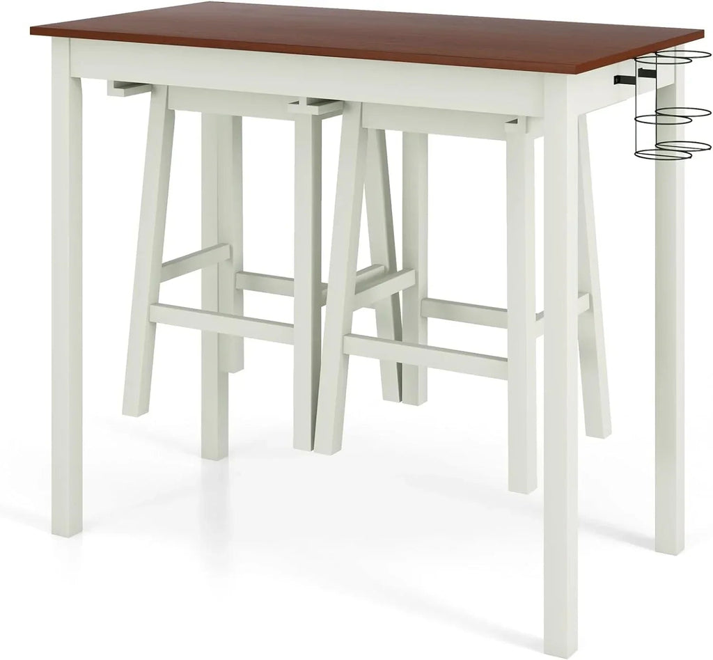 3-Piece Counter Height Bar Table Set With 2 Stools And 2 Wine Holders - Cream White & Walnut