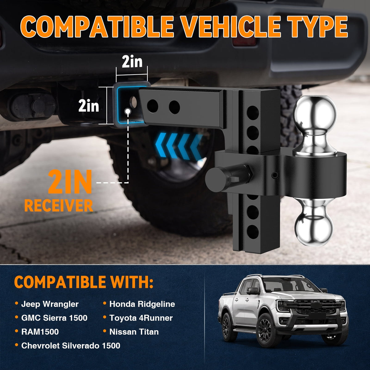 Adjustable Trailer Hitch, Fits 2" Receiver-Heavy Duty Aluminum Tow Hitches with 6-inch Drop/Rise for Truck (13,500 lbs GTW) - Weatherproof Double