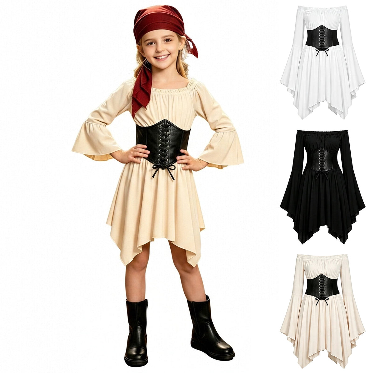 Kids Off the Shoulder Pirate Dresses with Sash Two Piece Set Pirate Costume Halloween Cosplay Halloween Costume Kids Size 4-14 Years