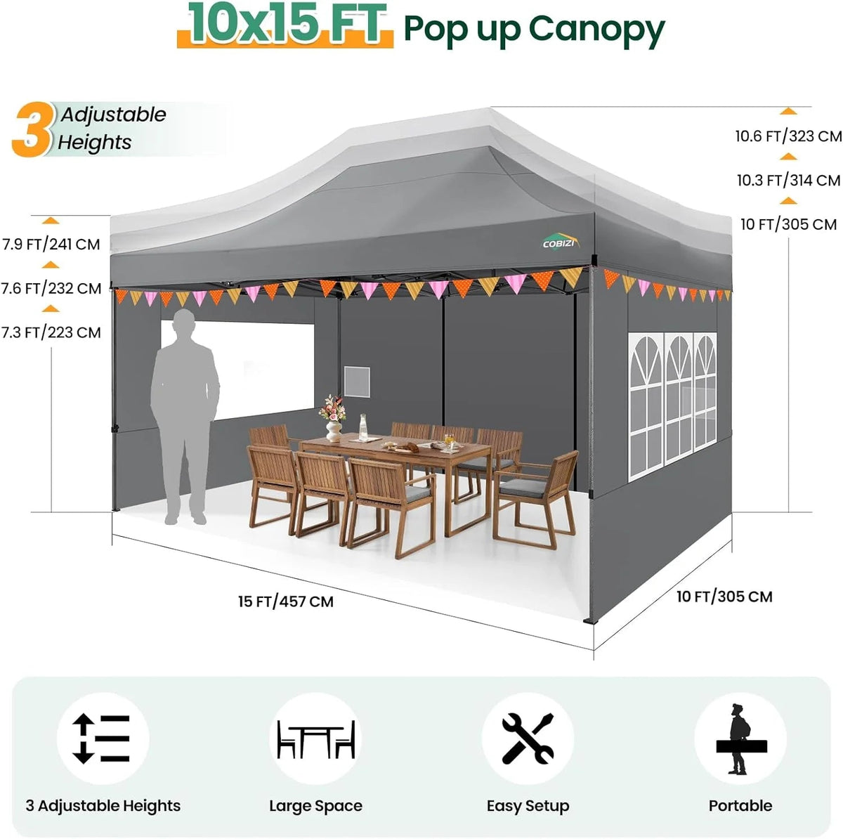 COBIZI 10x20 Heavy Duty Pop-Up Canopy Tent With 6 Sidewalls - Black