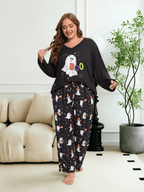Homlouue Halloween Womens Plus Size Pajama Sets 2-Piece, Cute Ghost Print V-Neck Loungewear with Pockets, Soft Sleepwear for Holiday
