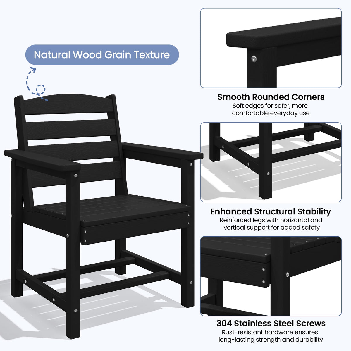 KINGYES All Weather Outdoor Dining Chairs Set of 2, HDPE Oversized Patio Chairs, Black