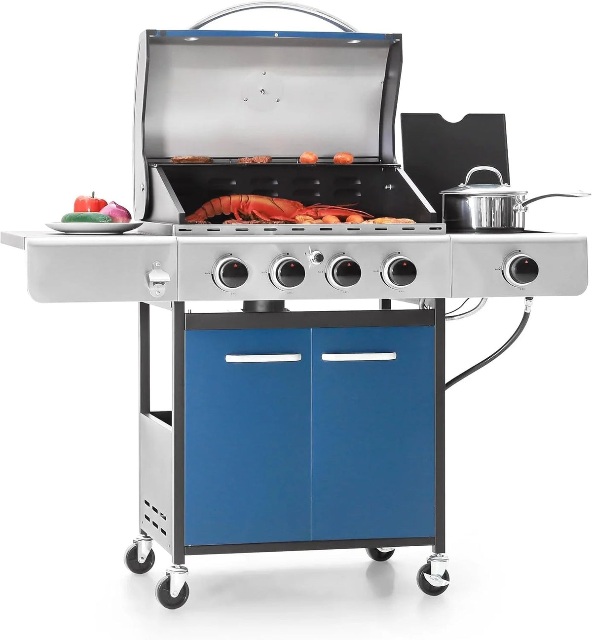 Captiva Designs 4-Burner Propane Gas Grill With Side Burner, 42,000 BTU, Silver - GR001