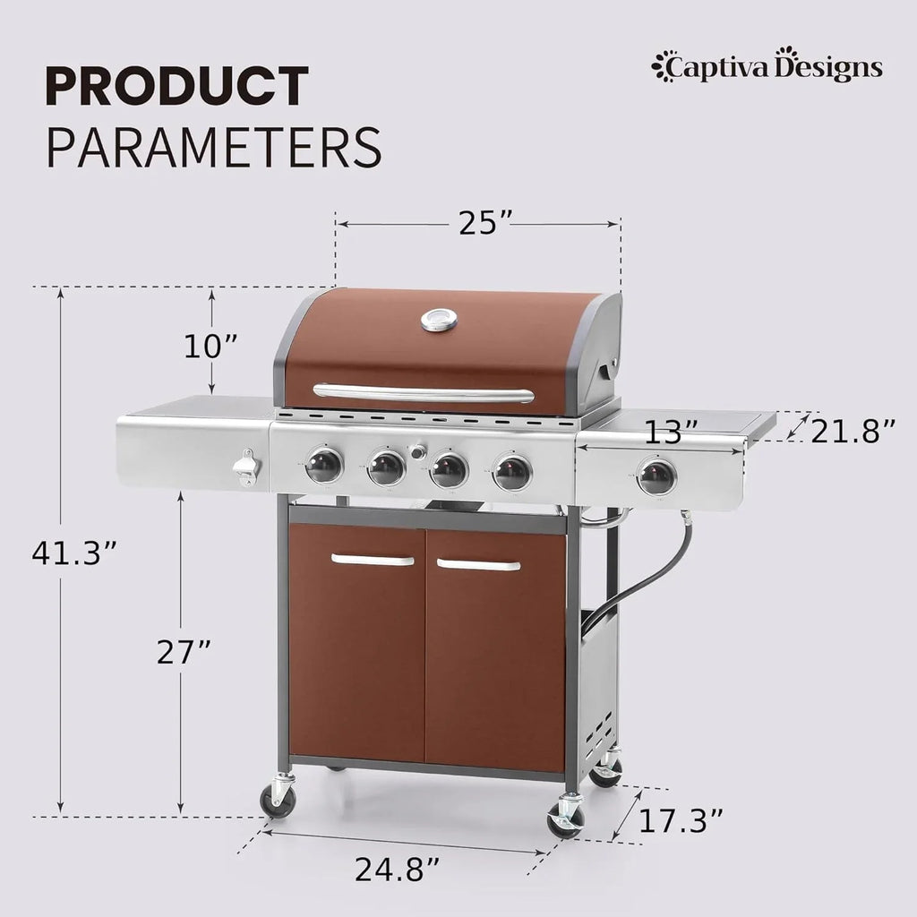Captiva Designs 4-Burner Propane Gas Grill With Side Burner, 42,000 BTU, Silver - GR001